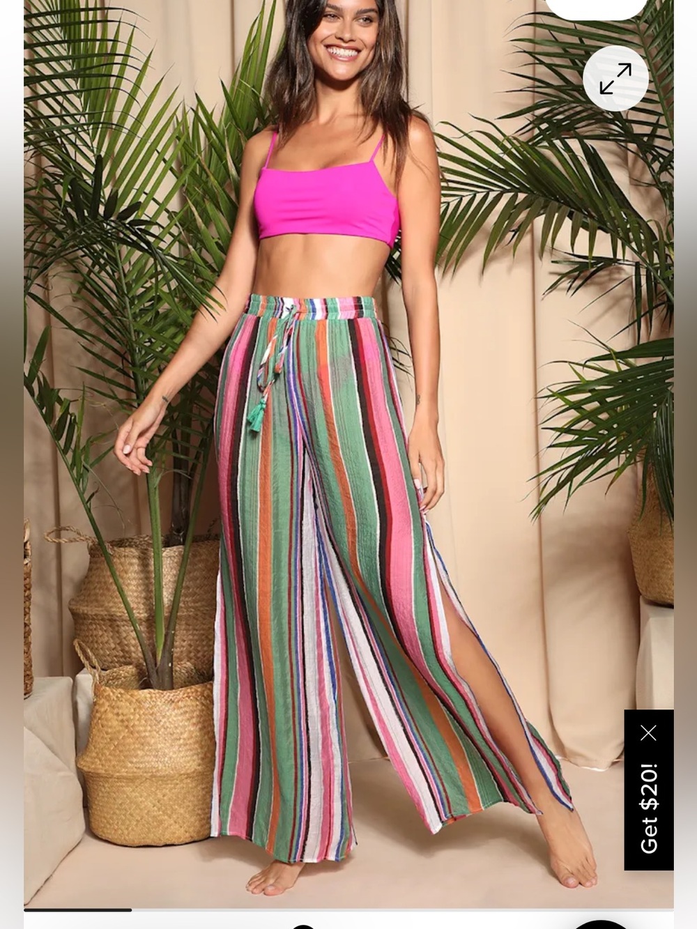 Lulu's Green and Pink Striped Drawstring Wide-Leg Pants Size Small